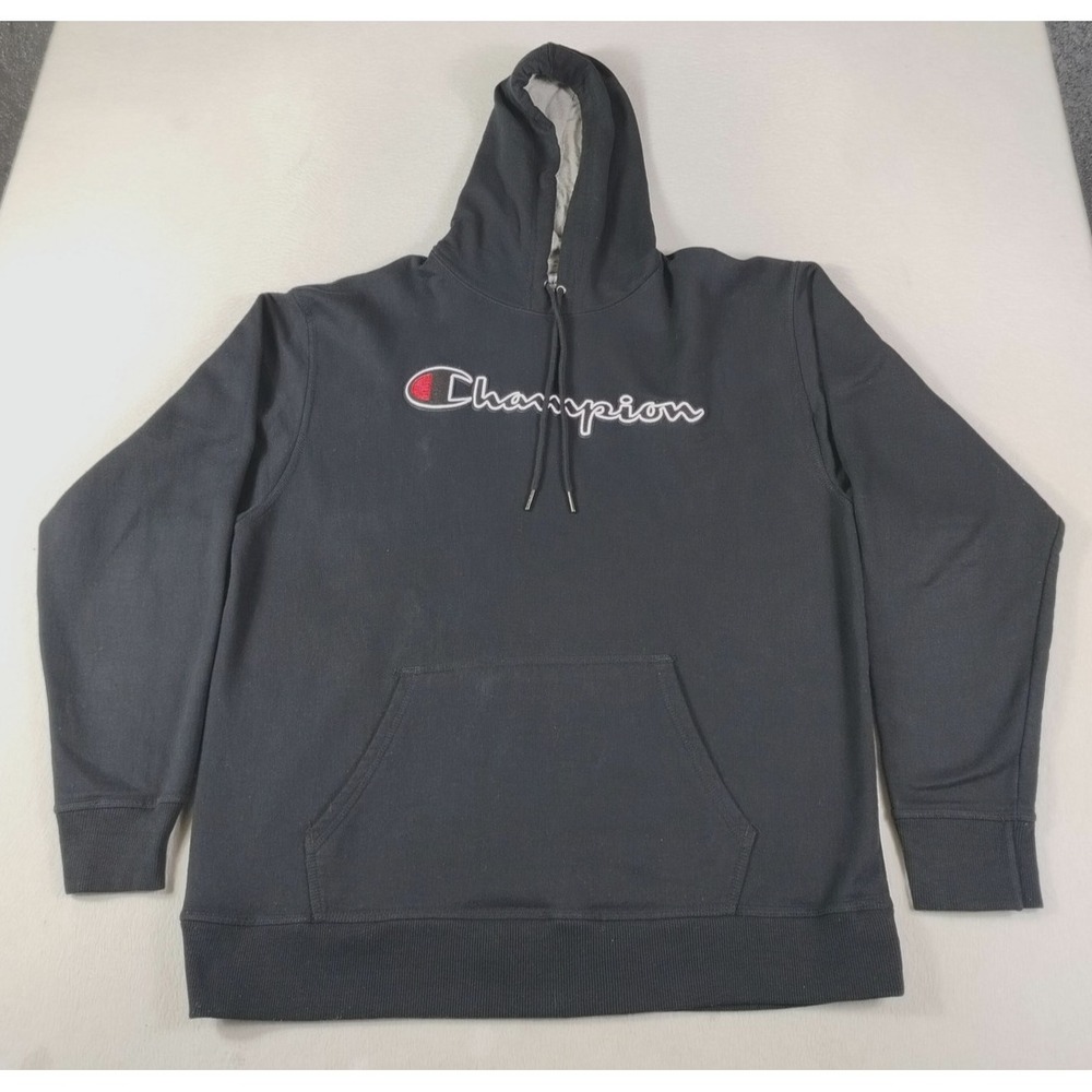 Champion Hoodie Mens XL Black Pullover Fleece Sweatshirt Script Logo Front
